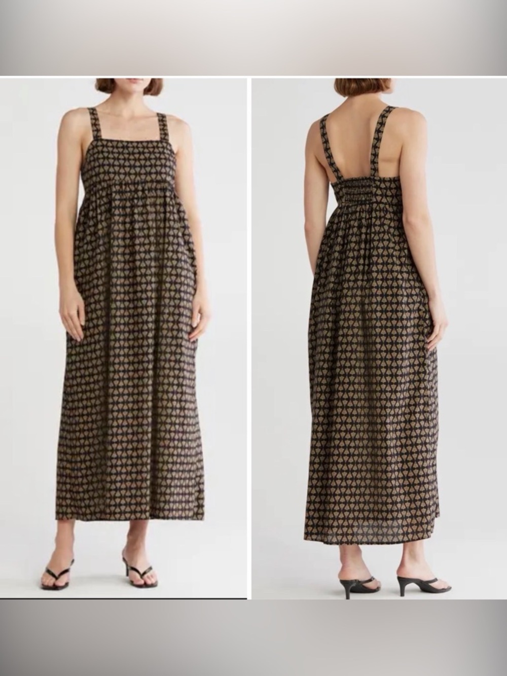 Melrose Brown Black Cotton Square Neck Maxi Dress Women Size M/L Boho Pockets
